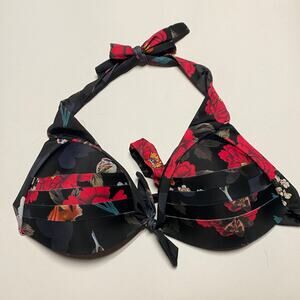 Cocoship Black Floral Halter Bikini Swim Bathing Suit Top Women's Size XL